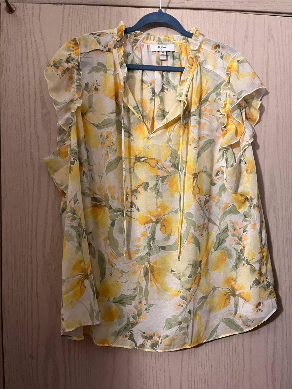C By One Yellow Floral Tie-Neck Ruffle Sleeve Blouse